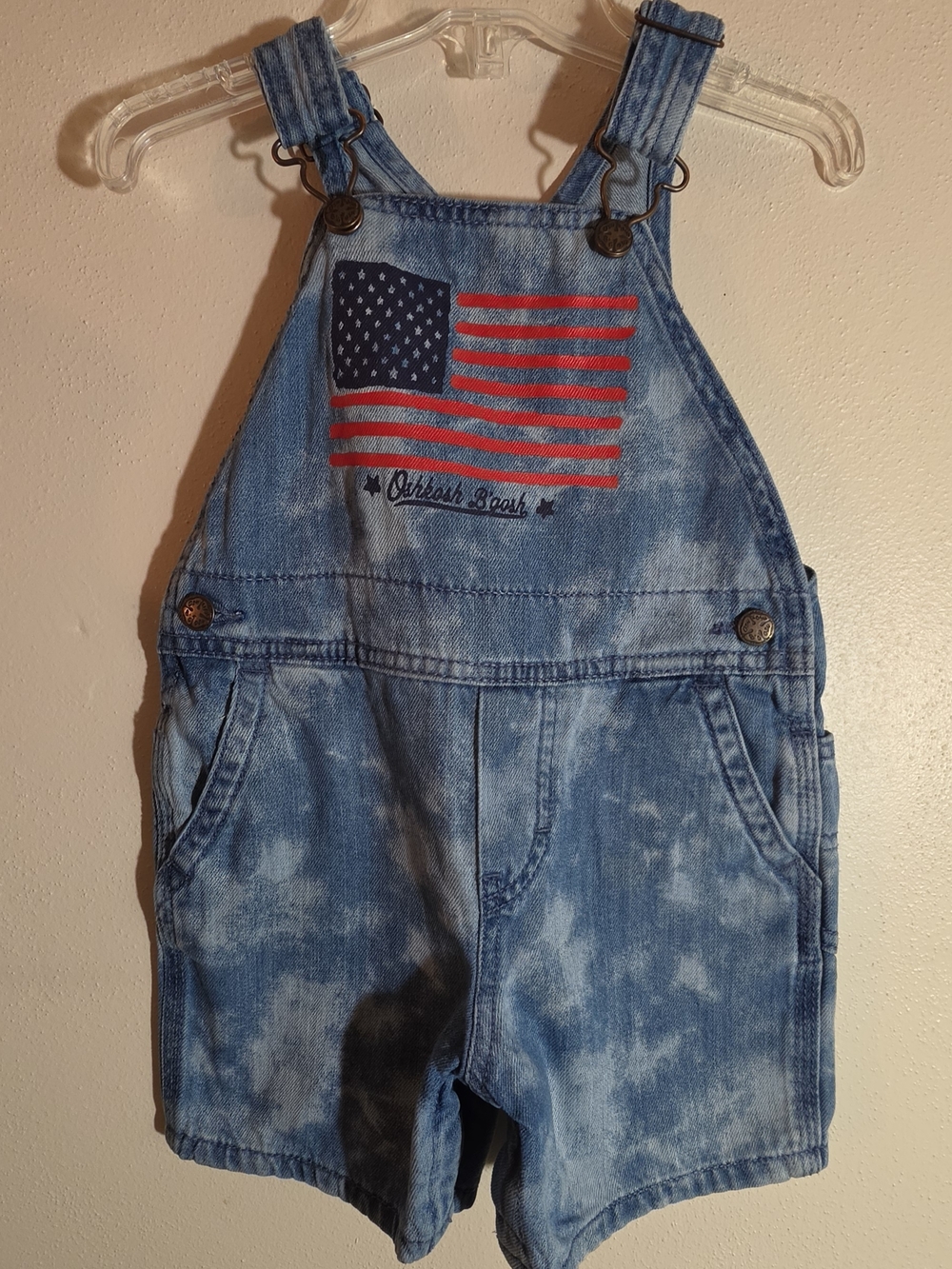 OshKosh B'gosh Light Blue Denim Short Overalls with Flag Detail